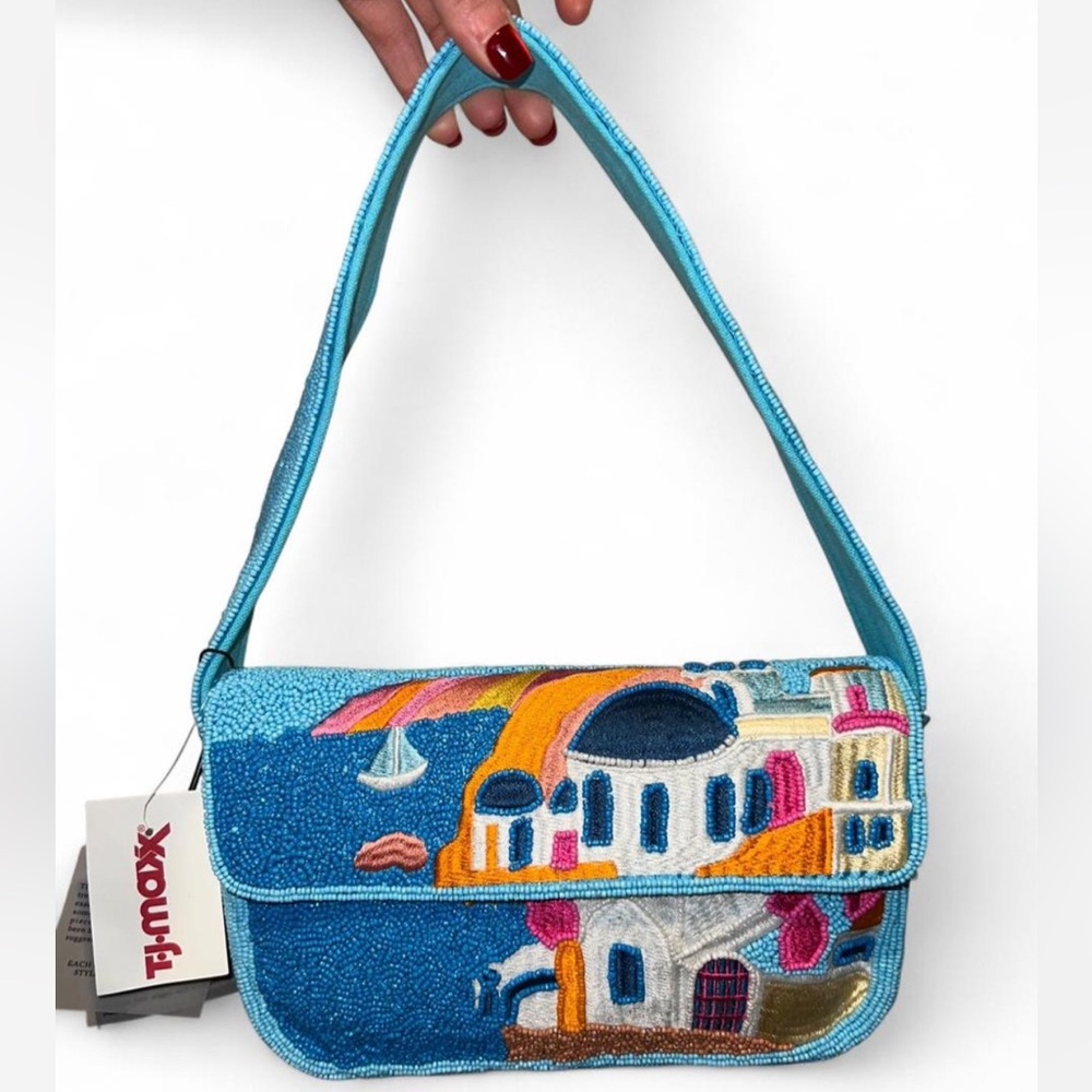 Santorini greece europe blue beaded bag made in india america and beyond
